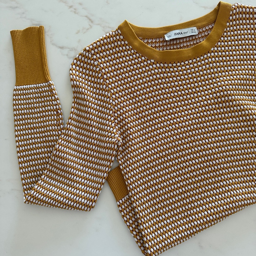 Zara Knit mustard Yellow and White Textured Sweater